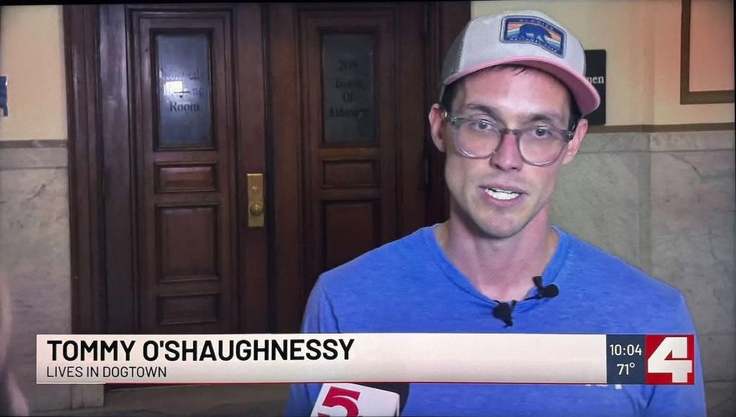 Tommy O'Shaughnessy interviewed by KMOV News 4 at St. Louis City Hall
